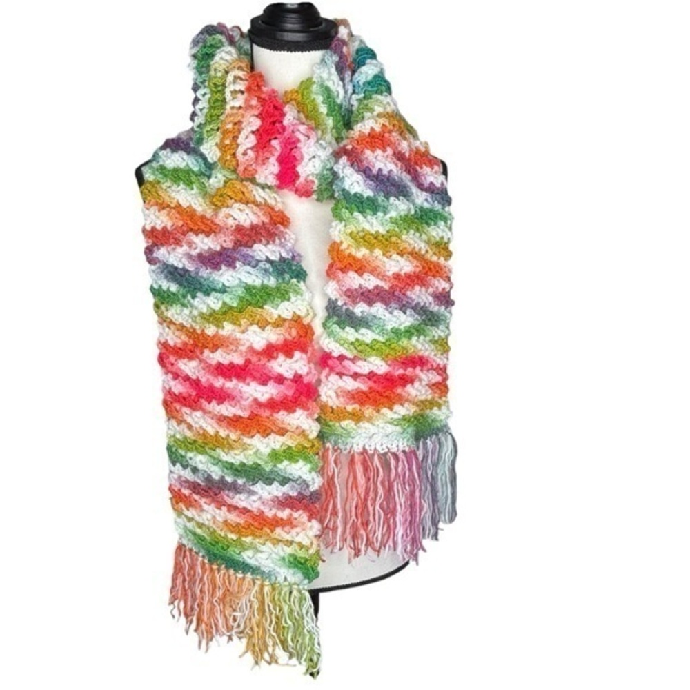 Handcrafted Crochet Scarf Colorful Multicolor Womens Ripple Waffle Stitch Knit